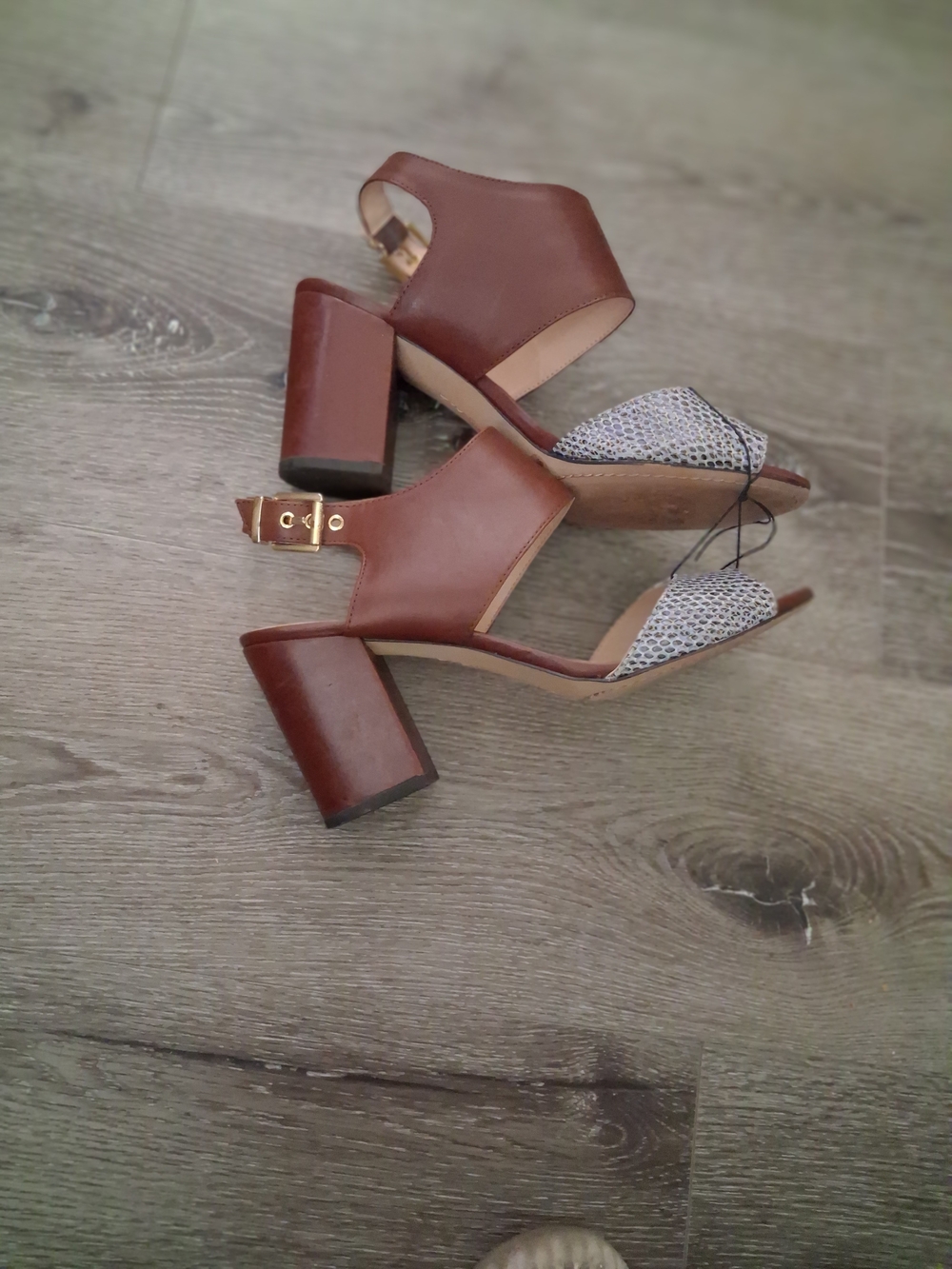 Vince Camuto Brown Leather Slingback Heels with Snake-Print Toe - Picture 5 of 7
